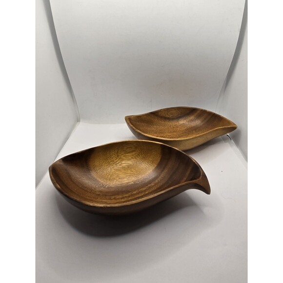 Vintage Monkey Pod Hardwood Hawaii Hand Carved Bowl Leaf 1950s Pair - Picture 5 of 10
